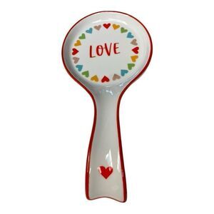 Spoon Rest "LOVE" White with Multicolor Rainbow Hearts, Ceramic